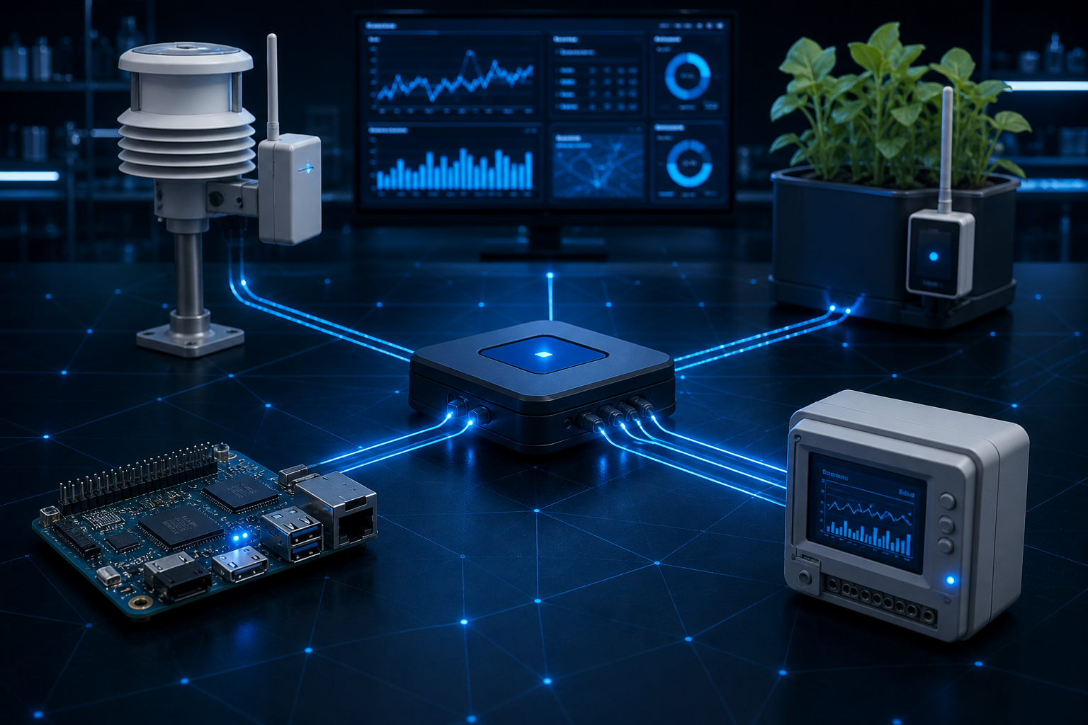 IoT sensors, controllers and smart monitoring devices connected to a central hub